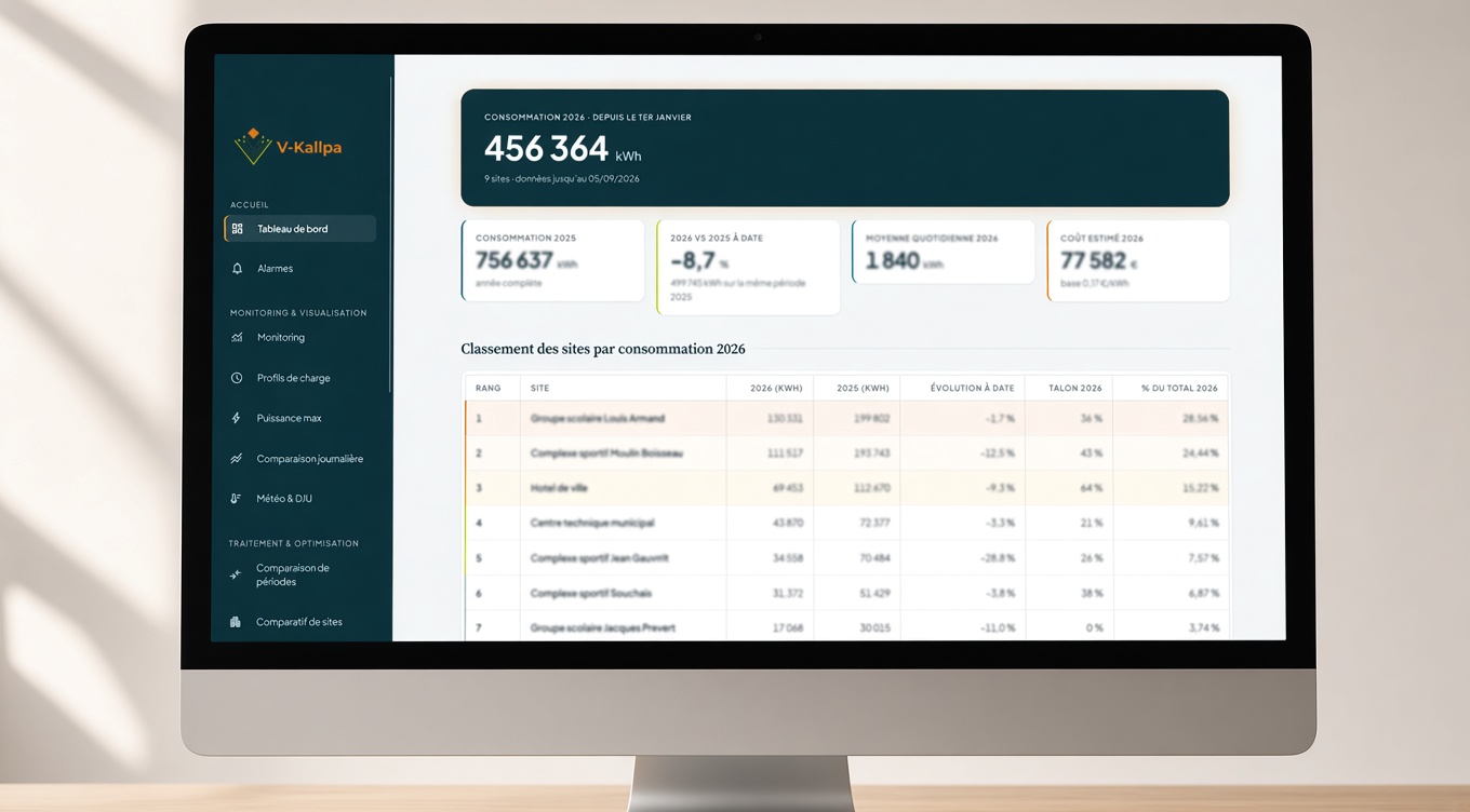 Tableau de bord V-Kallpa : consommation annuelle du parc et classement des sites par consommation